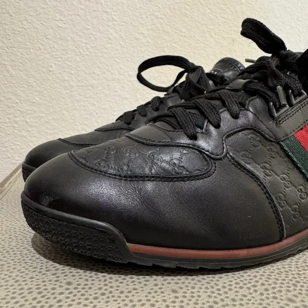Gucci Shoes Micro Guccissima Black Leather Web Low Top Gucci Sneakers Sz 8 G